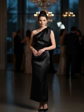Delizia Collection Black Satin Dramatic One‑Shoulder Maxi Bow Dress Size Medium